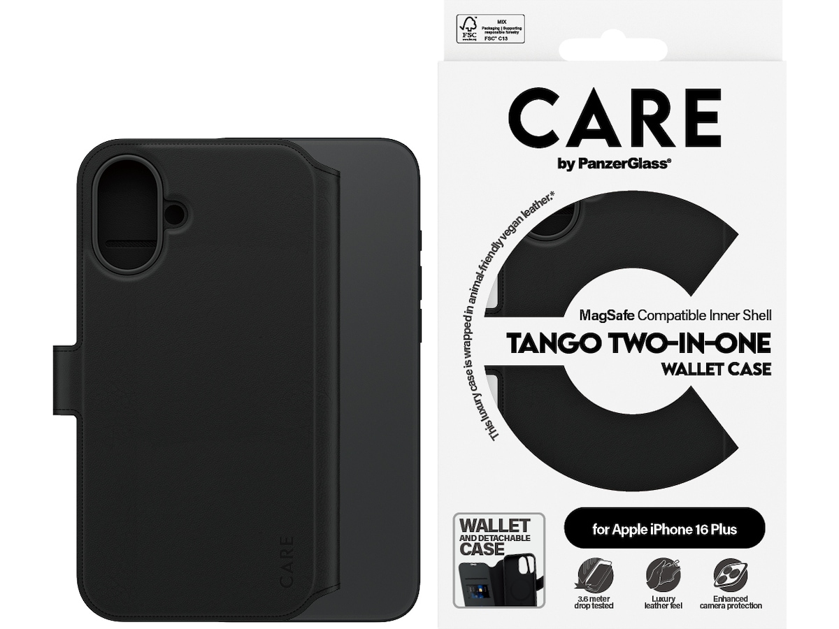 PanzerGlass CARE iPhone 16 Plus Tango 2-i-1 Plånboksfodral (svart) Mobilskal