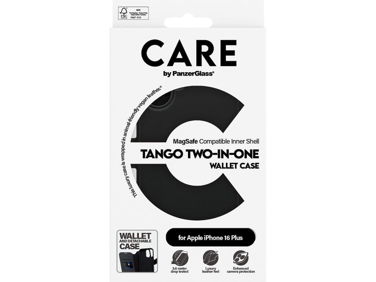 PanzerGlass CARE iPhone 16 Plus Tango 2-i-1 Plånboksfodral (svart) Mobilskal