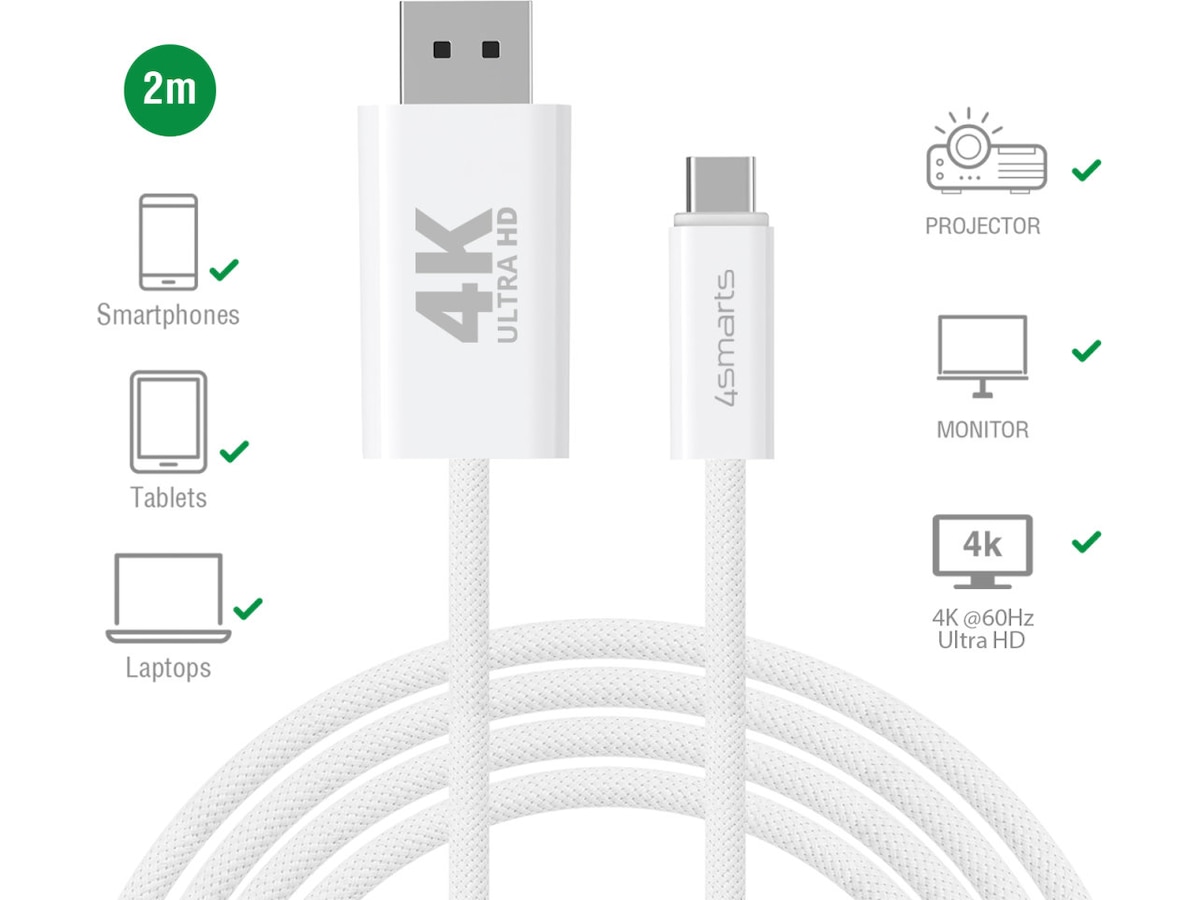 4smarts USB-C till Displayport kabel 2m (vit) USB-kablar