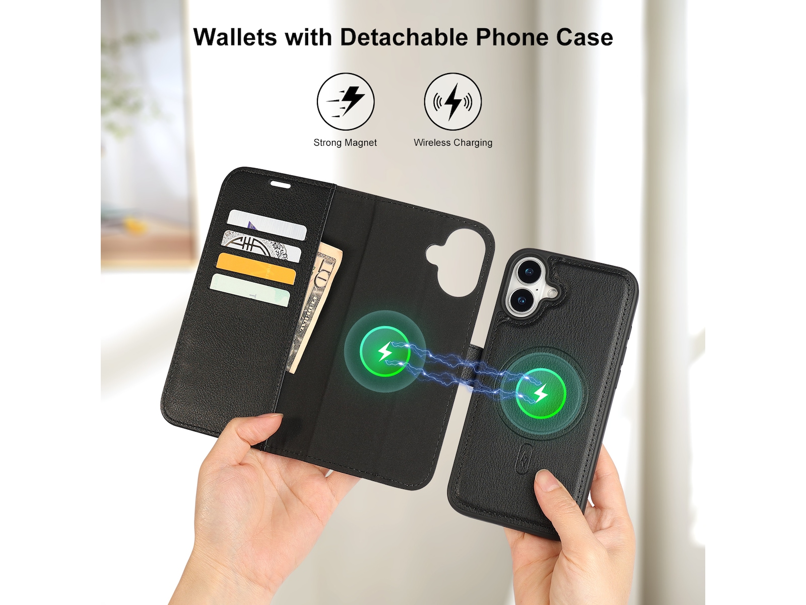 iiglo iPhone 16 Plus 2-i-1 Plånboksfodral (svart) Mobilskal