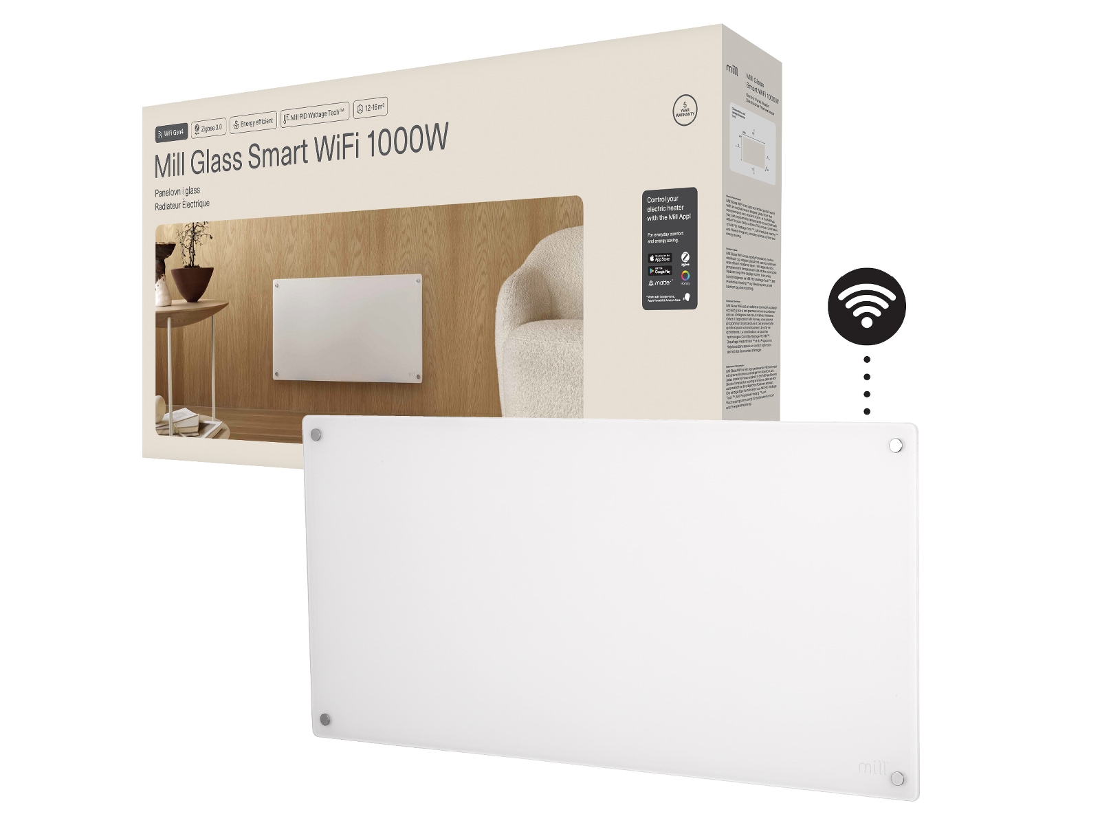 Mill Glass Smart WiFi Gen 4 panelvärmare 1000W Panelelement