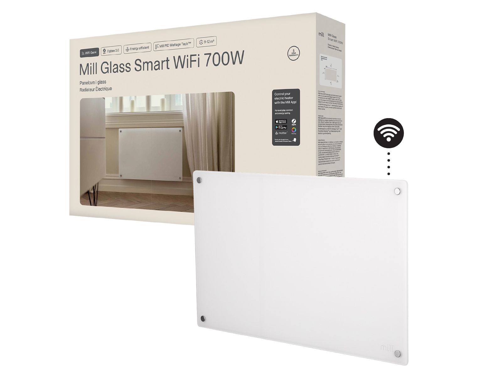Mill Glass Smart WiFi Gen 4 panelvärmare 700W (vit) Panelelement