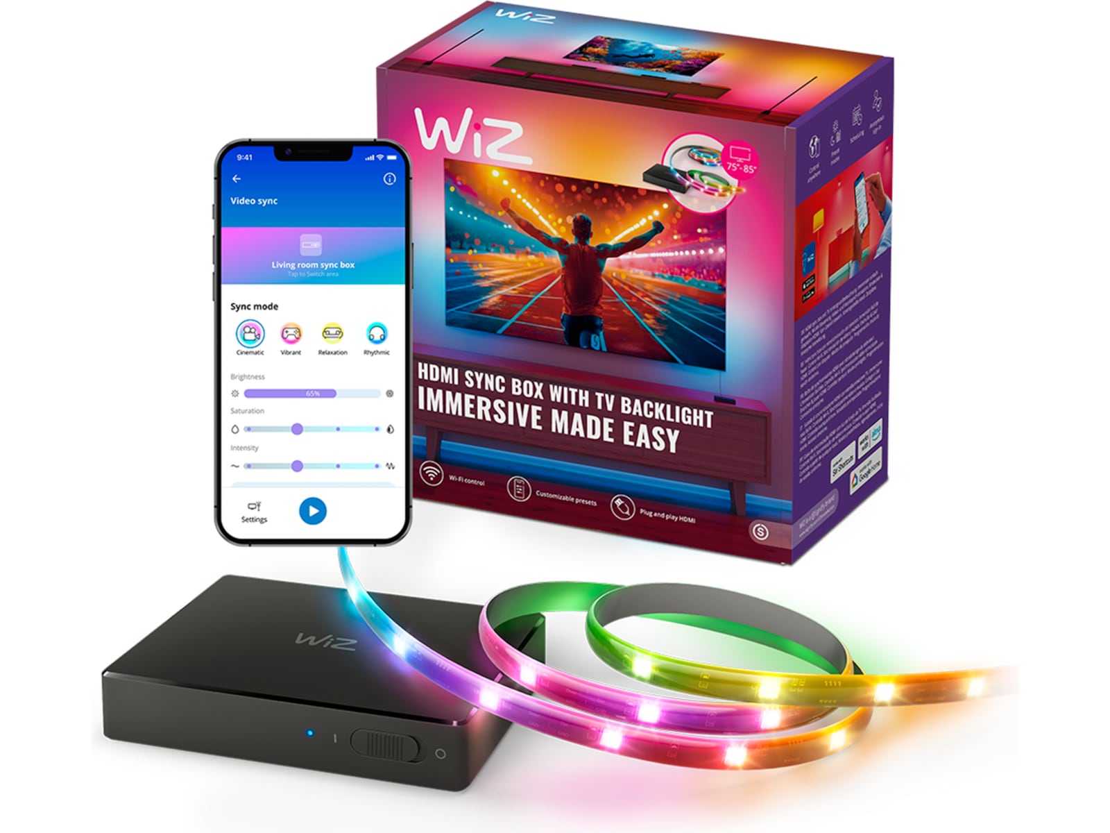 WiZ HDMI-synkbox med TV-ljusremsa (75"-85") Led strips & underhållning
