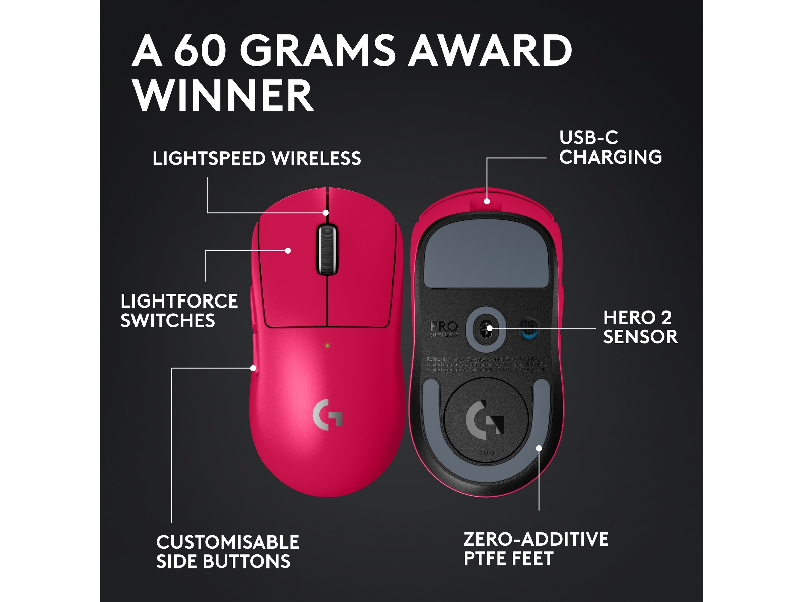 Logitech G Pro X Superlight 2 Lightspeed Trådlös Gamingmus (Magenta) Gamingmus