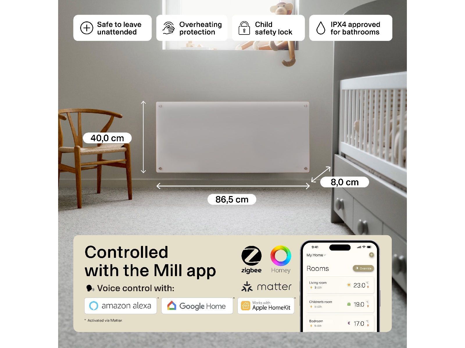 Mill Glass Smart WiFi Gen 4 panelvärmare 1000W Panelelement