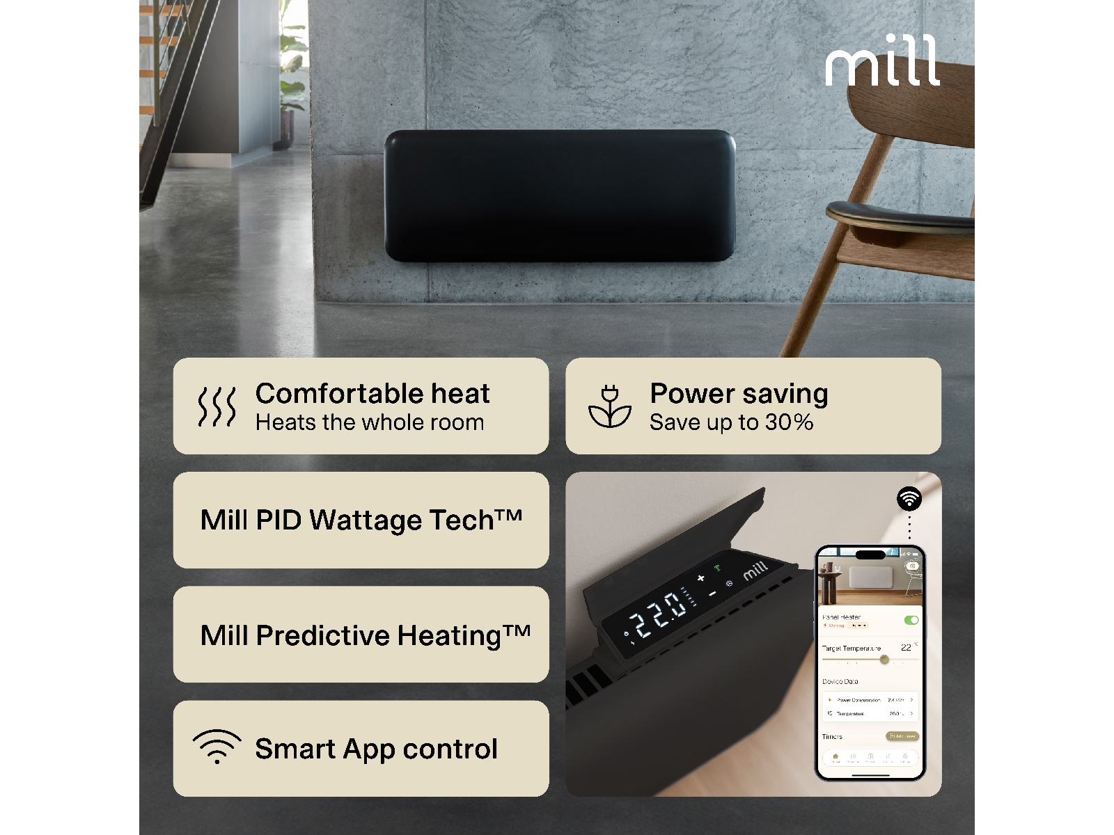 Mill Invisible Smart WiFi Gen 4 panelvärmare 1300W (svart) Panelelement