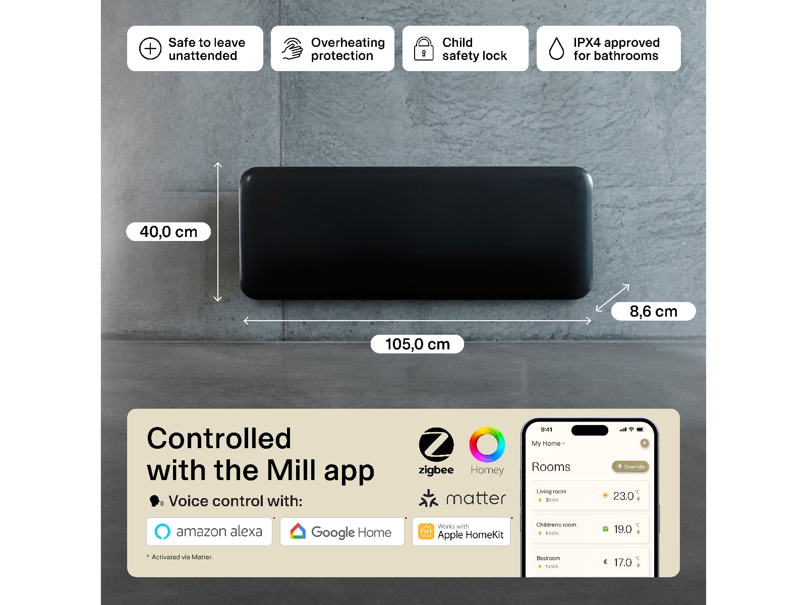 Mill Invisible Smart WiFi Gen 4 panelvärmare 1300W (svart) Panelelement