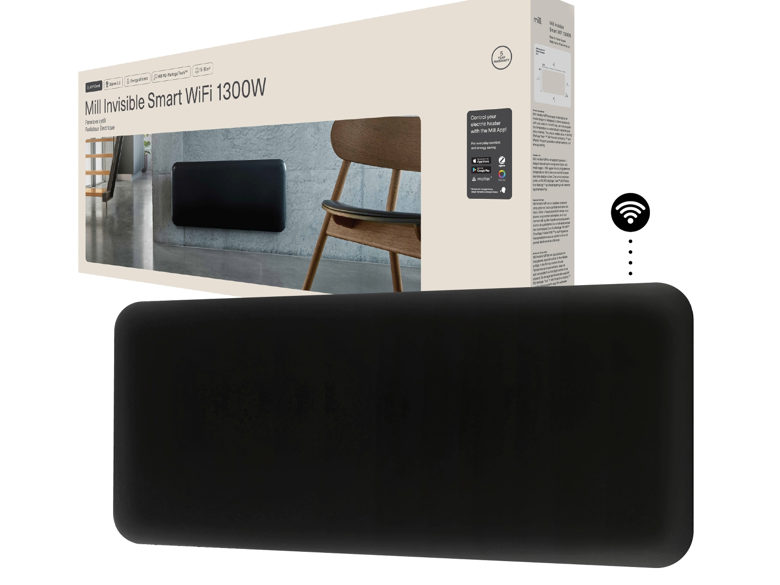 Mill Invisible Smart WiFi Gen 4 panelvärmare 1300W (svart) Panelelement