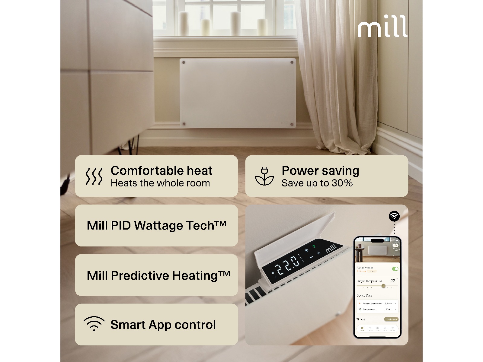 Mill Glass Smart WiFi Gen 4 panelvärmare 700W (vit) Panelelement