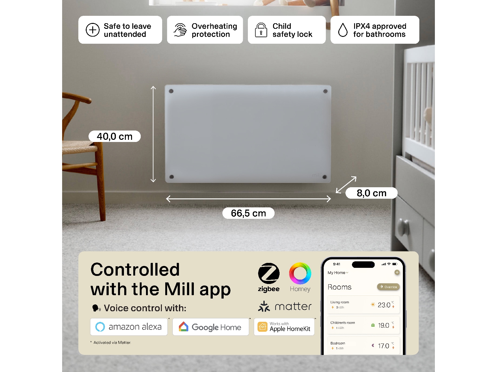 Mill Glass Smart WiFi Gen 4 panelvärmare 700W (vit) Panelelement
