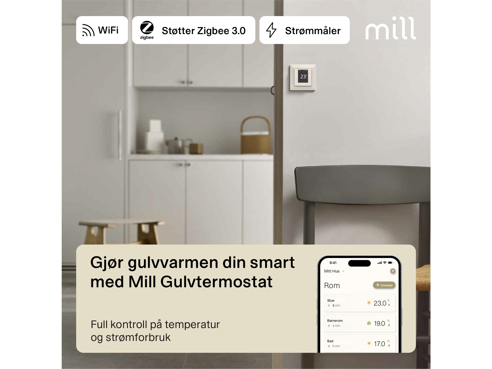 Mill Smart WiFi Golvtermostat (polarvit) Tillbehör till värme