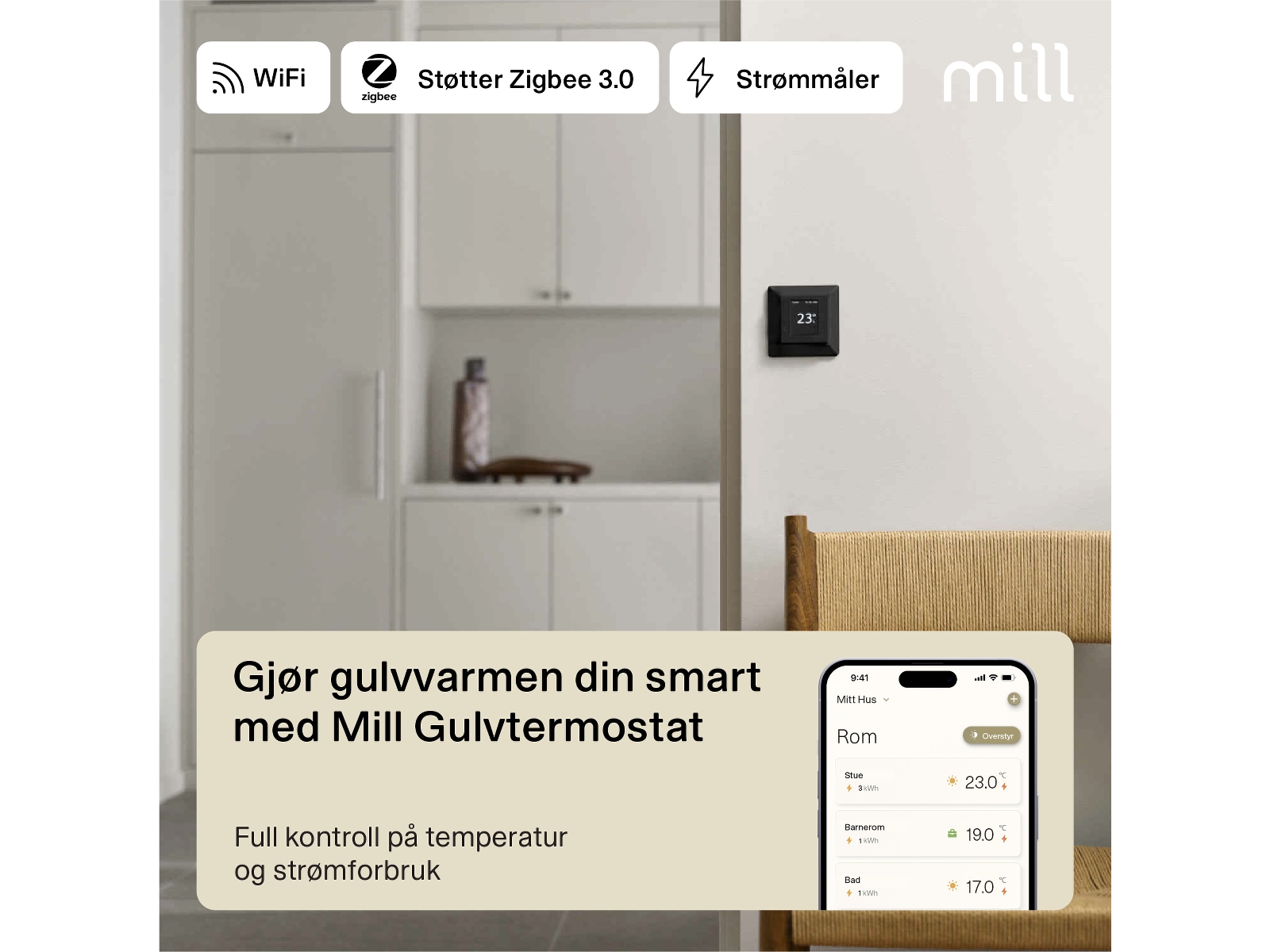 Mill Smart WiFi Golvtermostat (svart) Tillbehör till värme