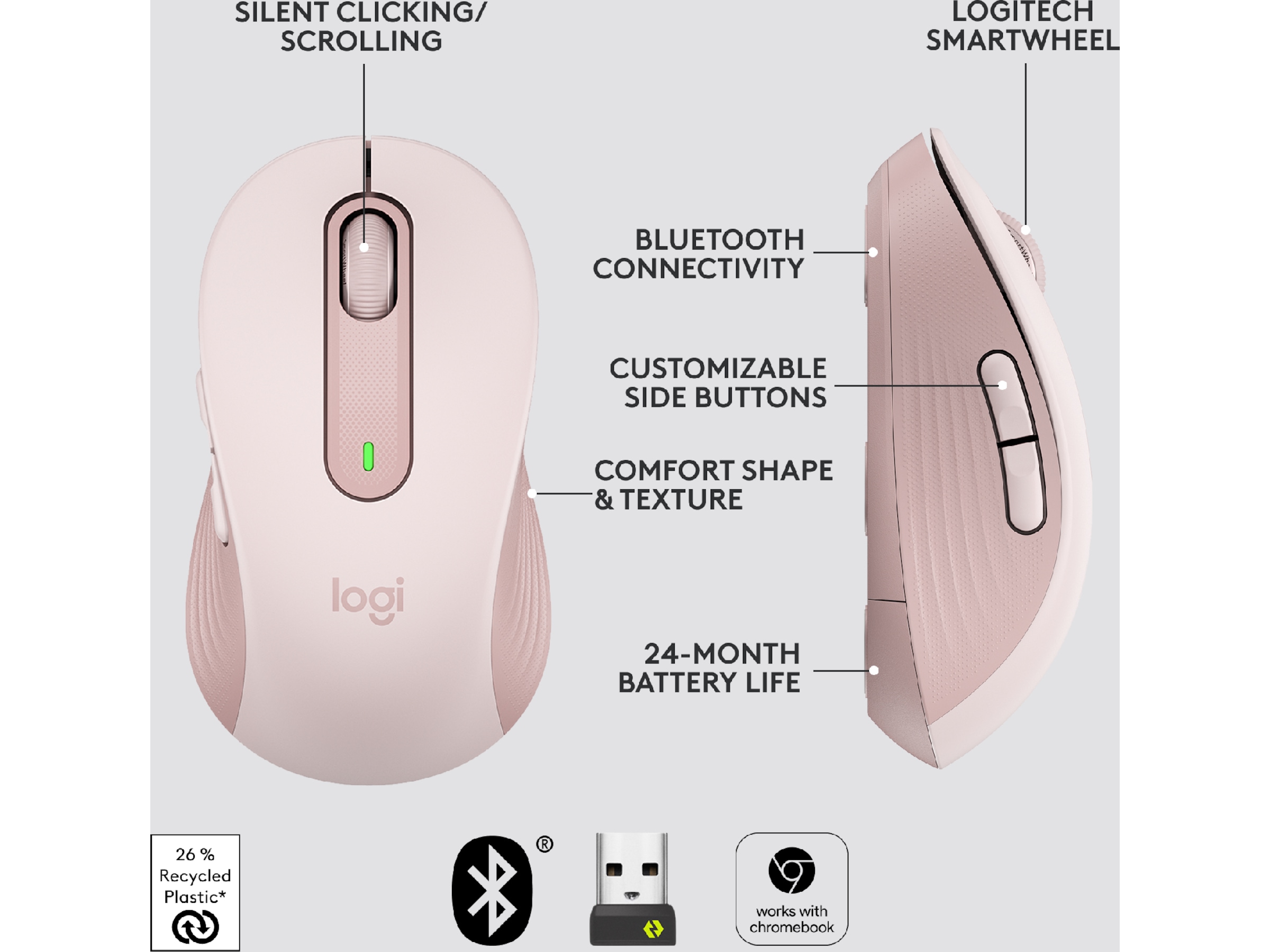 Logitech Signature M650 Medium  trådlös mus Rosa Mus