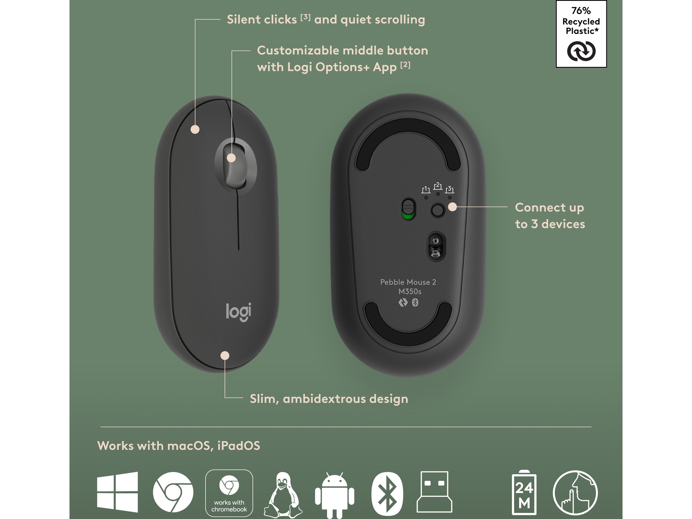 Pebble 2 Combo (svart) Mus & tangentbord -combo-paket