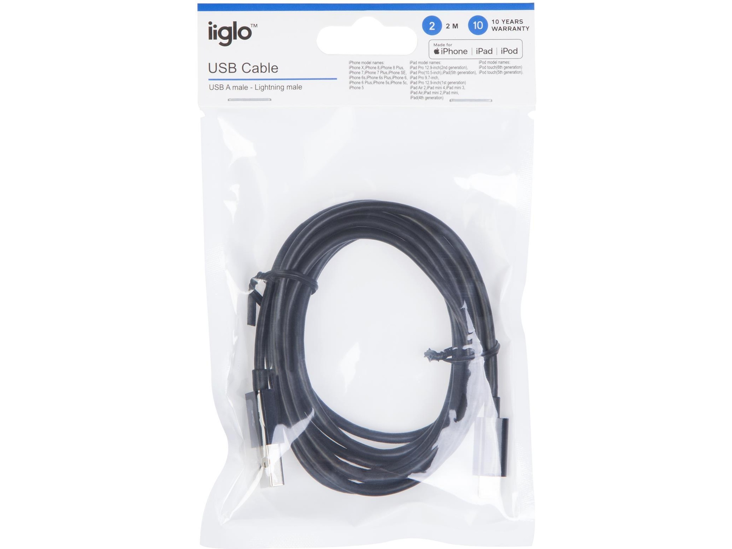 USB A 2.0 male to Lightning male kabel svart 2m USB-kablar