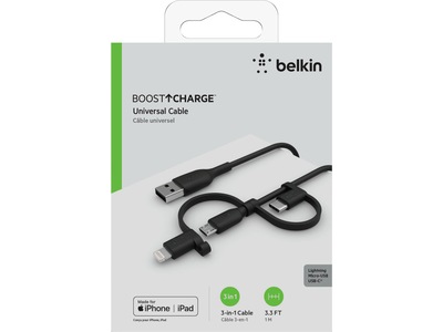 Belkin USB-A till Lightning/Micro-USB/USB-C kabel 1m (svart)