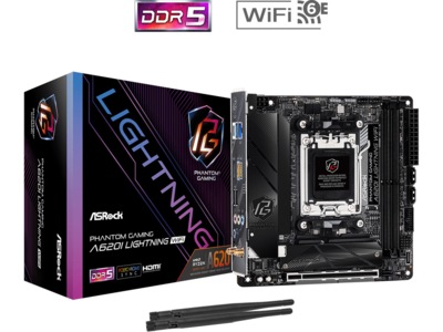 Alternativ bild 0 för ASRock Phantom Gaming A620I Lightning WiFi - Moderkort - micro ATX - Socket AM5 - AMD A620 Chipuppsättning - USB 3.2 Gen 1, USB 3.2 Gen 2, USB-C 3.2 Gen2, USB-C 3.2 Gen 1 - 2.5 Gigabit LAN, Bluetooth, Wi-Fi - inbyggda grafiken (CPU krävs) - HD-ljud (8 kanaler)