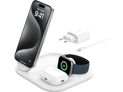 Belkin 3-i-1 Qi2 trådlös laddare (vit)