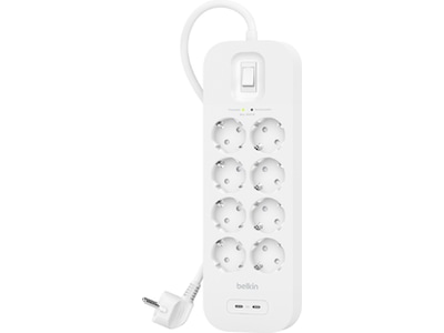 Belkin Strömförgrening 8x uttag och 2x USB 2m (vit) Överspänningsskydd
