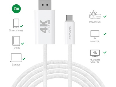 4smarts USB-C till Displayport kabel 2m (vit)