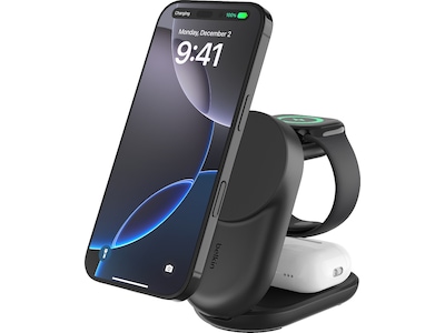 Belkin UltraCharge 3-i-1 Qi2 trådlös laddare (svart)