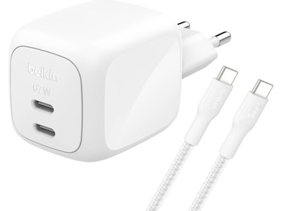 Belkin väggladdare 67W dubbel USB-C PD GaN (vit)