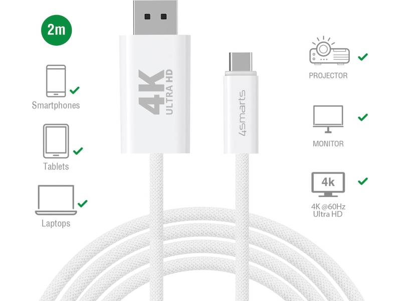 4smarts USB-C till Displayport kabel 2m (vit) USB-kablar