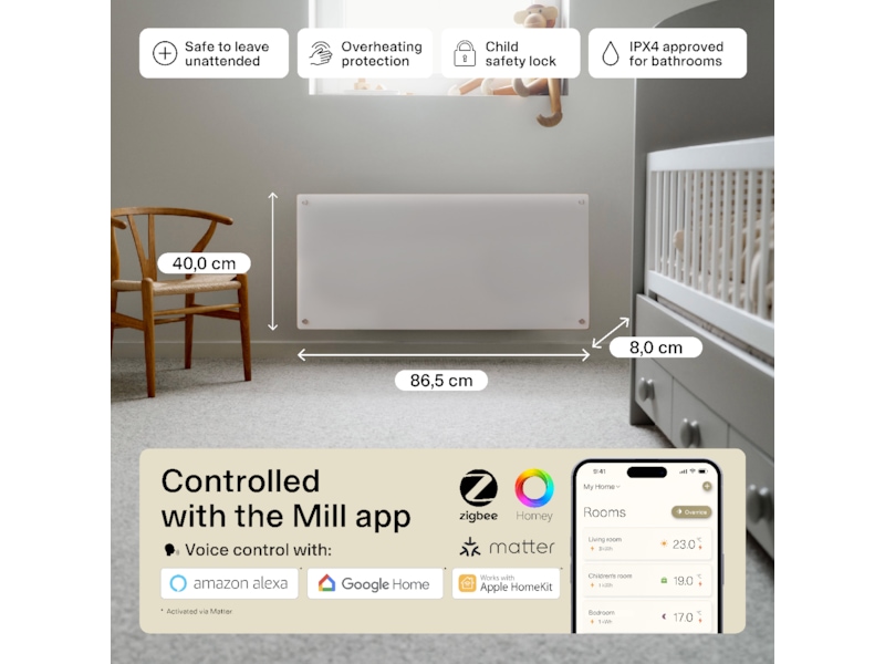 Mill Glass Smart WiFi Gen 4 panelvärmare 1000W Panelelement