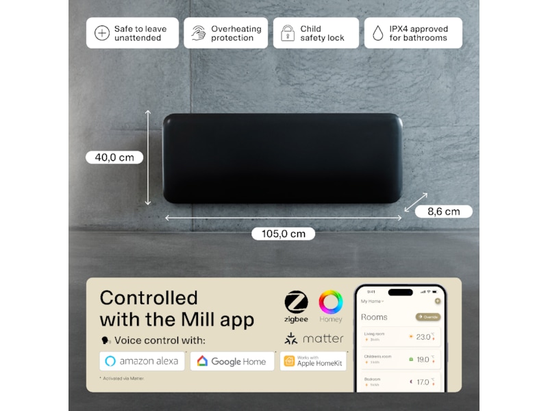 Mill Invisible Smart WiFi Gen 4 panelvärmare 1300W (svart) Panelelement
