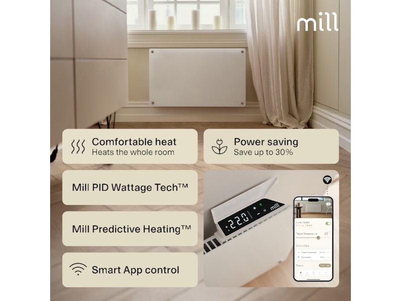 Mill Glass Smart WiFi Gen 4 panelvärmare 700W (vit) Panelelement