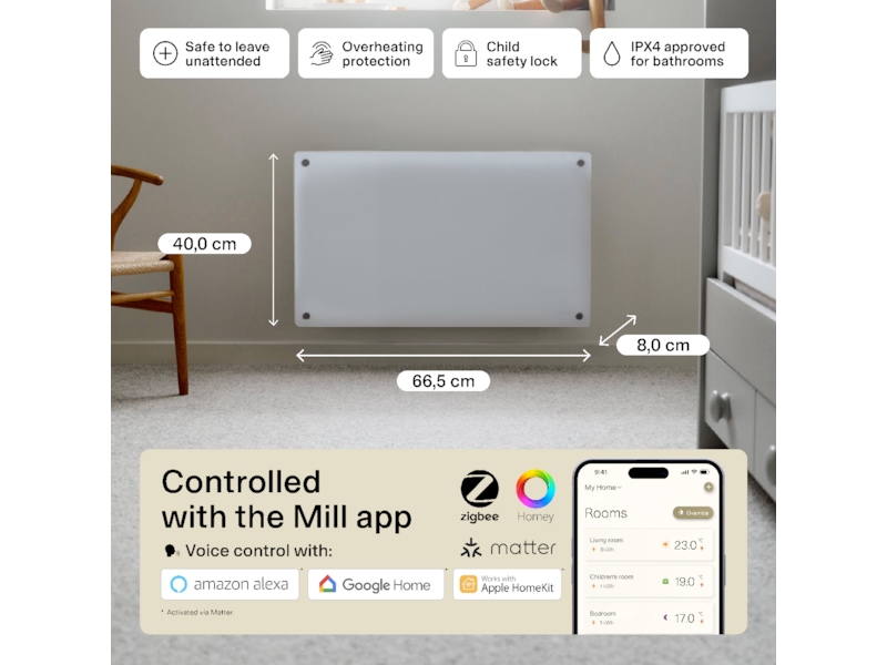 Mill Glass Smart WiFi Gen 4 panelvärmare 700W (vit) Panelelement