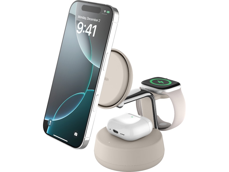 Belkin UltraCharge Pro 3-i-1 Qi2 Laddningsstation (sand) Trådlös laddare