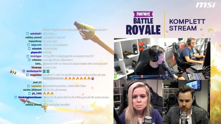 Det är mycket diskussioner i chatten under en Fortnite-stream. Här med Mikkel Melsom, Emilie «Emzia» och Thomas Paste.