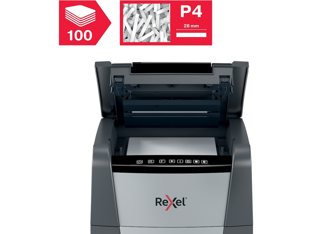Rexel dokumentforstörare Optimum AutoFeed+ 100X auto korsklippning P4 Dokumentförstörare