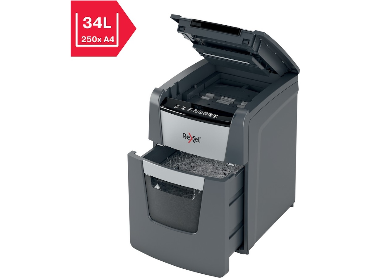 Rexel dokumentforstörare Optimum AutoFeed+ 100X auto korsklippning P4 Dokumentförstörare