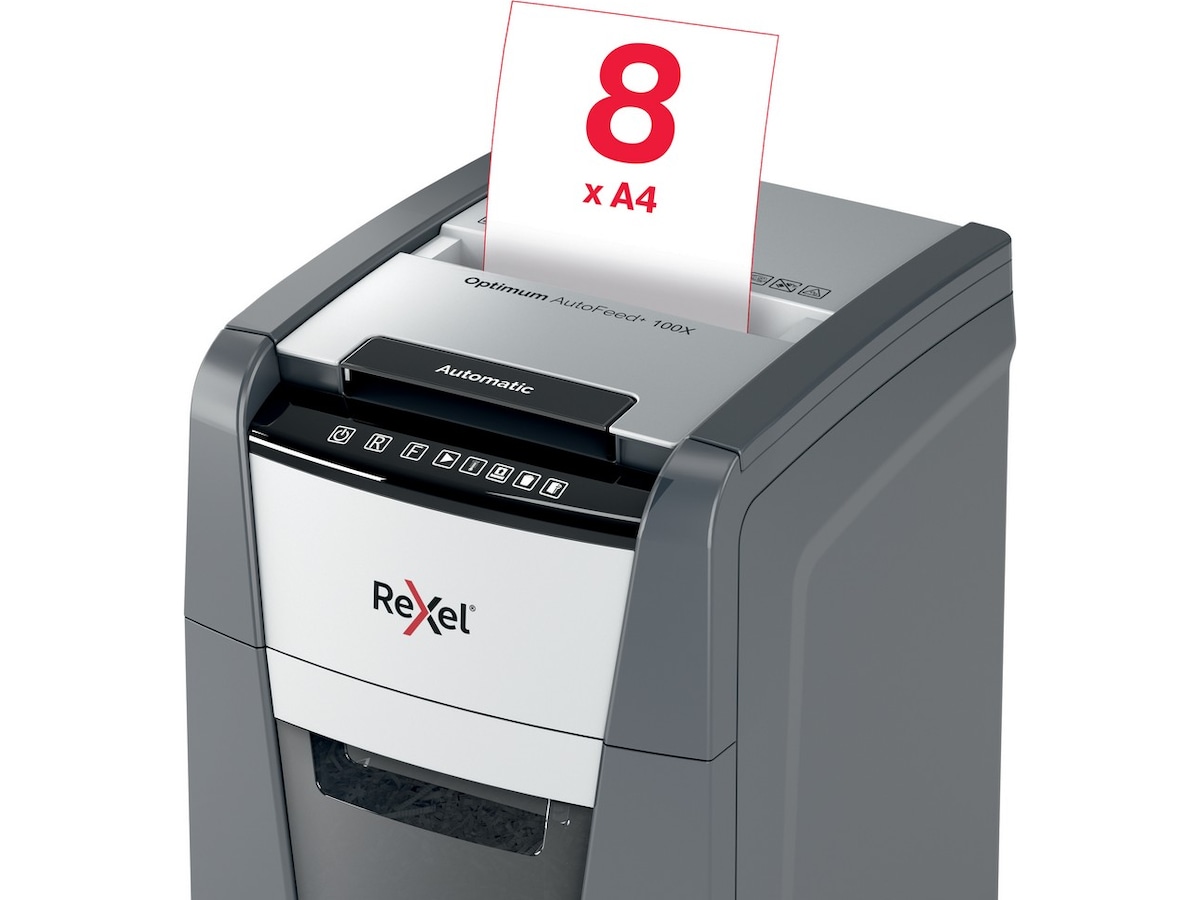 Rexel dokumentforstörare Optimum AutoFeed+ 100X auto korsklippning P4 Dokumentförstörare