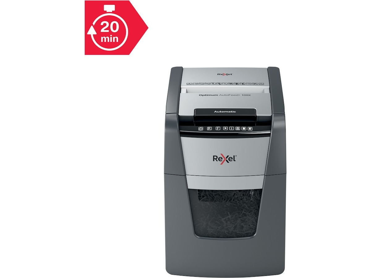 Rexel dokumentforstörare Optimum AutoFeed+ 100X auto korsklippning P4 Dokumentförstörare