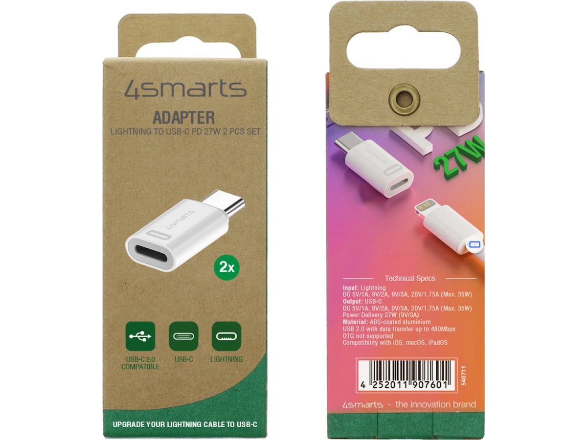 4smarts Lightning till USB-C Adapter, 2-pack (vit) Adaptrar och kablage