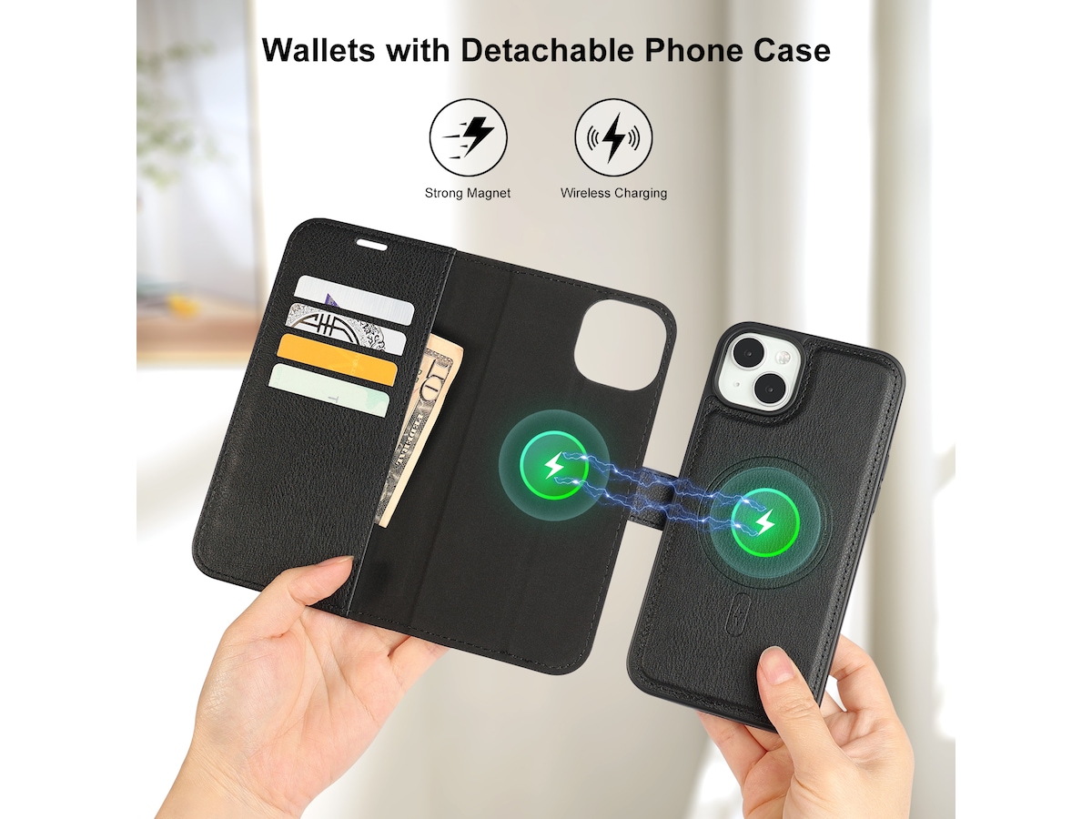 iiglo iPhone 15 Plus 2-i-1 Plånboksfodral (svart) Mobilskal