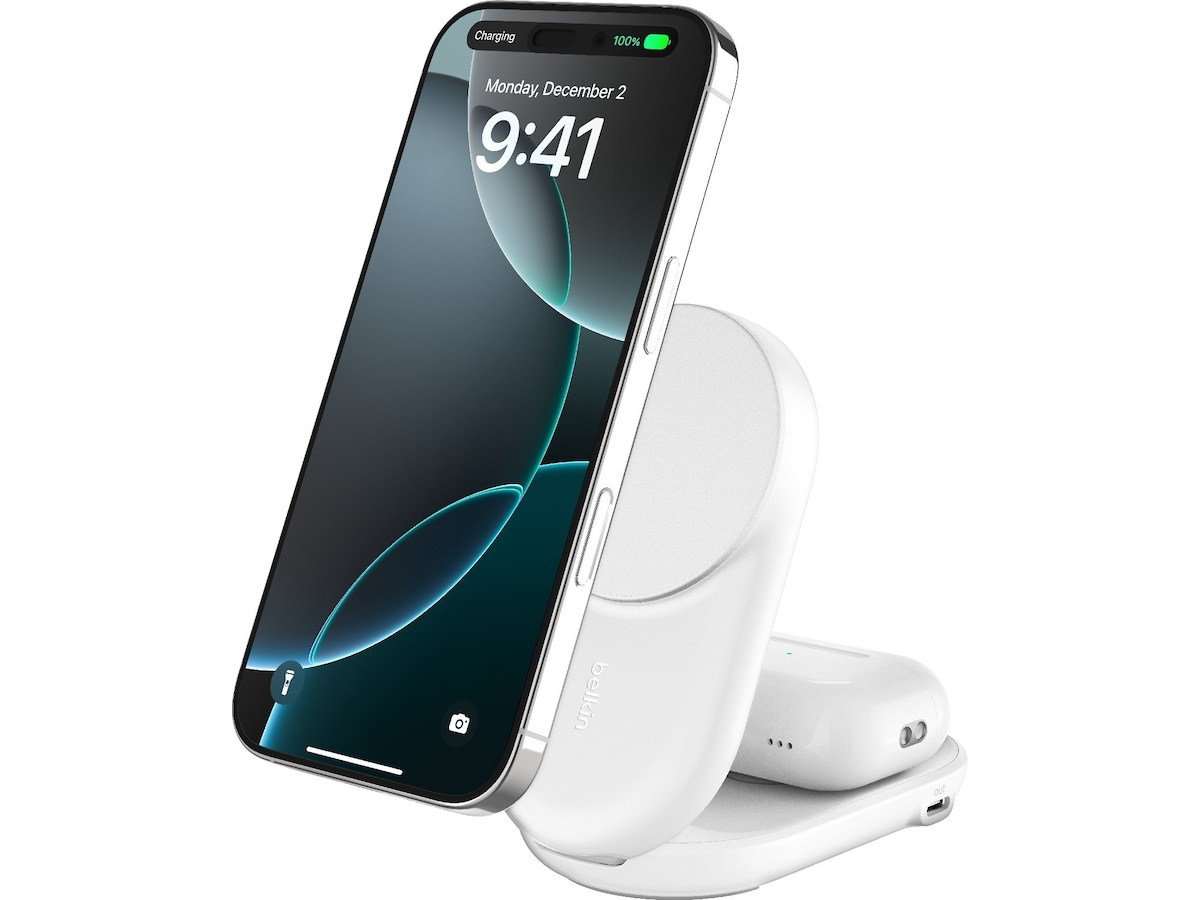 Belkin UltraCharge 2-i-1 Qi2 trådlös laddare (vit) Trådlös laddare