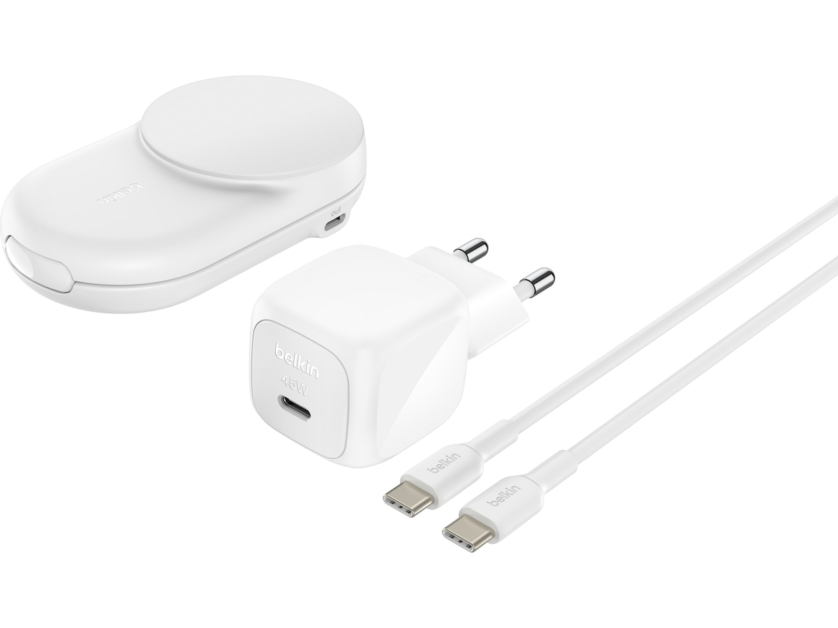 Belkin UltraCharge 2-i-1 Qi2 trådlös laddare (vit) Trådlös laddare