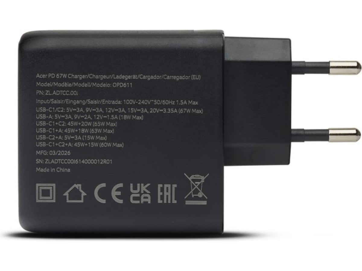 Acer 67W GaN PD-laddare med 3 portar Batteri och laddare