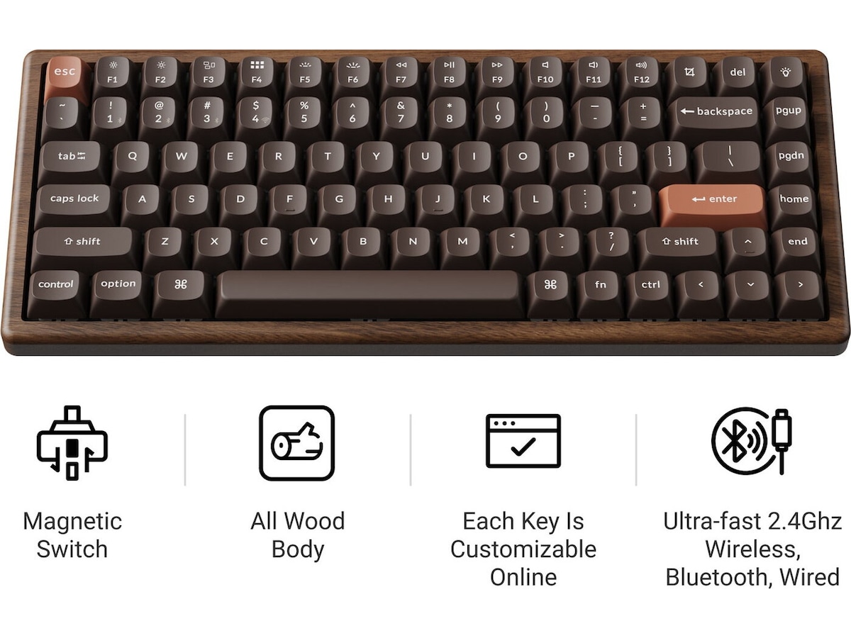 Keychron K2H-F1W-BO mekaniskt tangentbord 75% trådlöst (valnöt) Gamingtangentbord