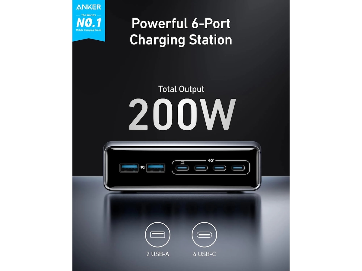 Anker Prime 200W 6 Portar GaN Laddare Mobilladdare