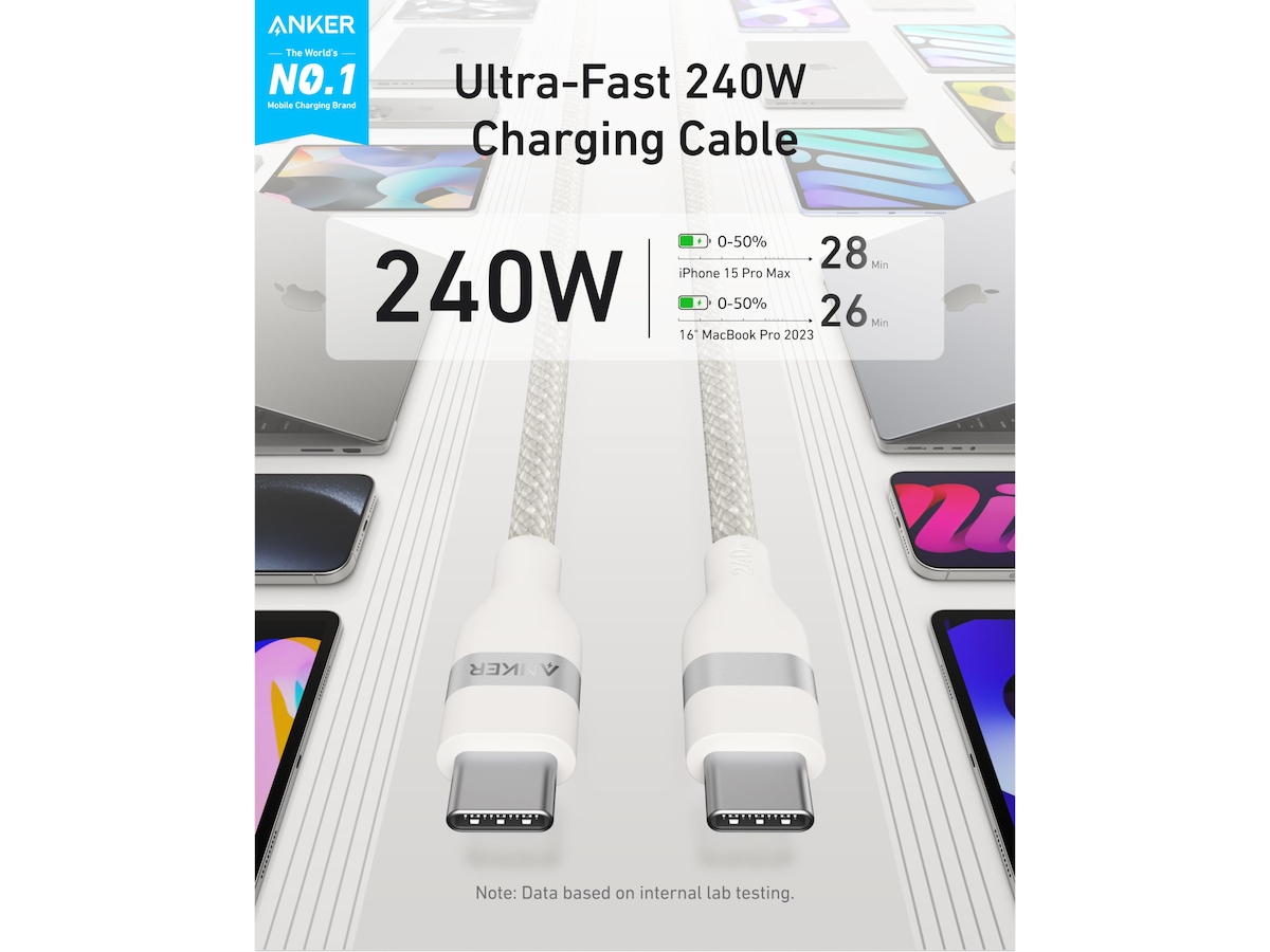 Anker 240W USB-C flätat kabel 1,8m (vit) USB-kablar