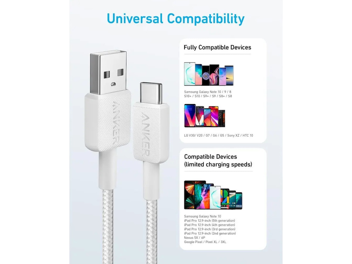 Anker 322 PowerLine USB-A till USB-C kabel 1,8m (vit) USB-kablar