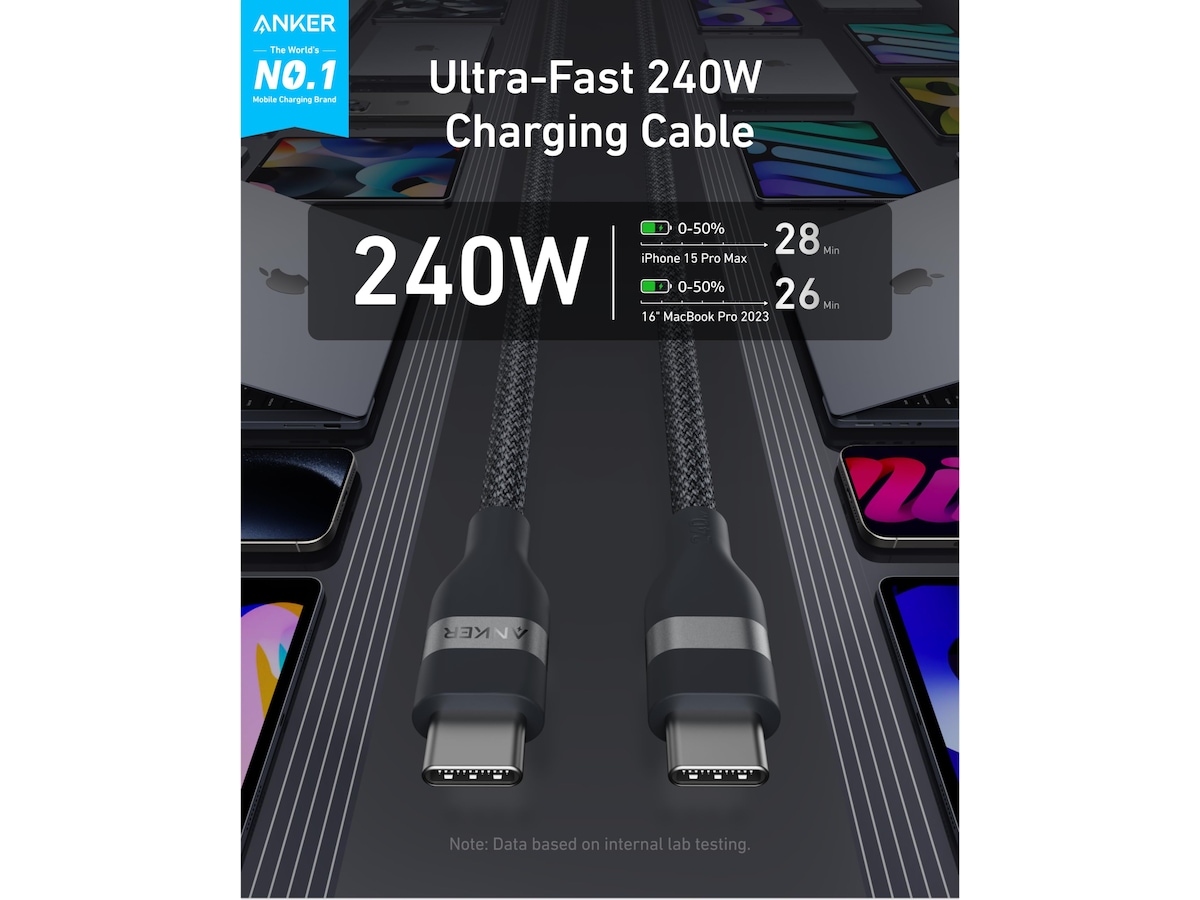 Anker Nano 240W USB-C flätat kabel 3m (svart) USB-kablar