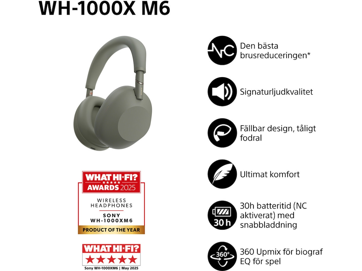 Sony WH-1000XM6 Trådlösa Over-Ear Hörlurar (Olive Gray) Hörlurar