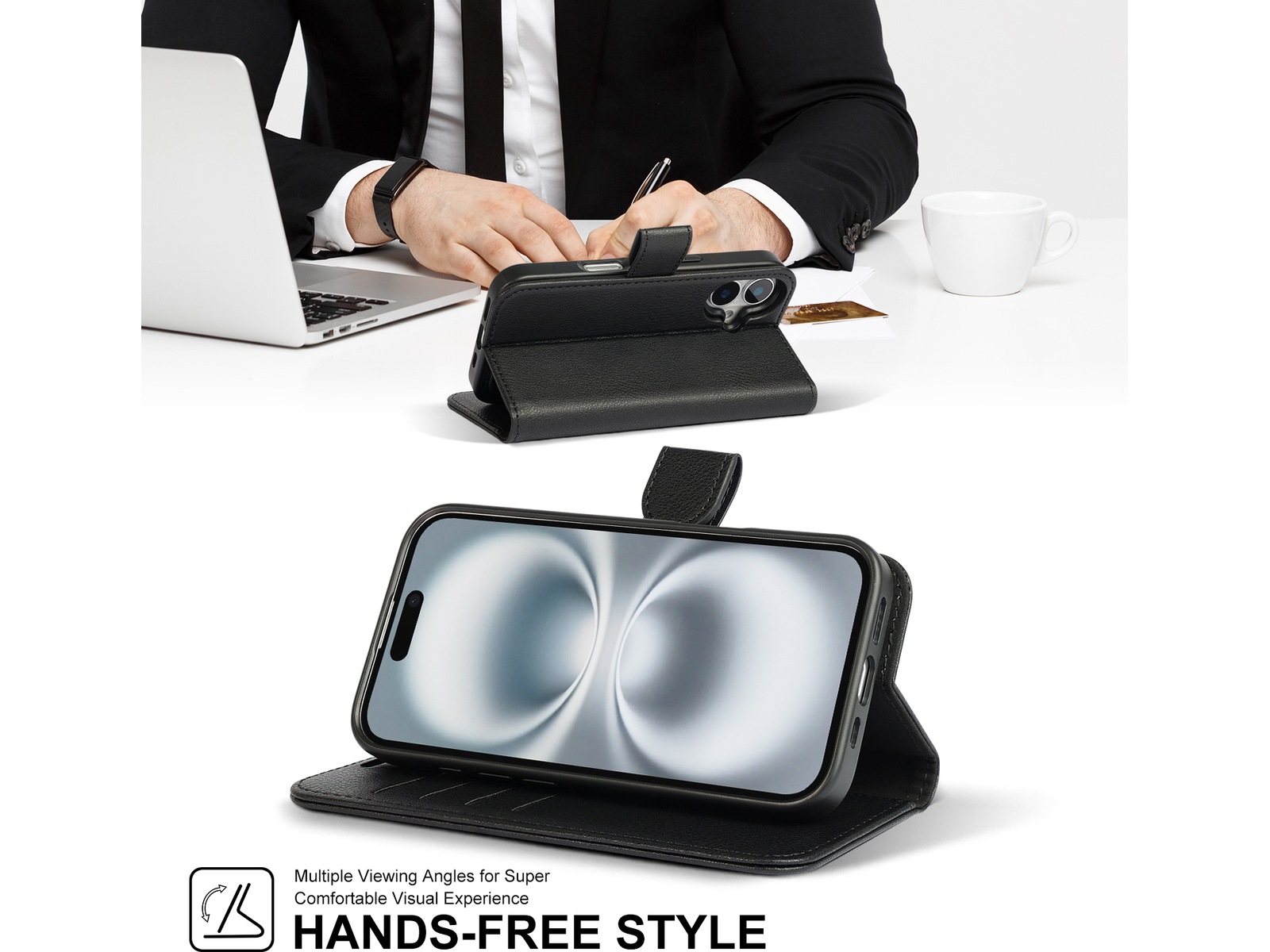 iiglo iPhone 16 2-i-1 Plånboksfodral (svart) Mobilskal