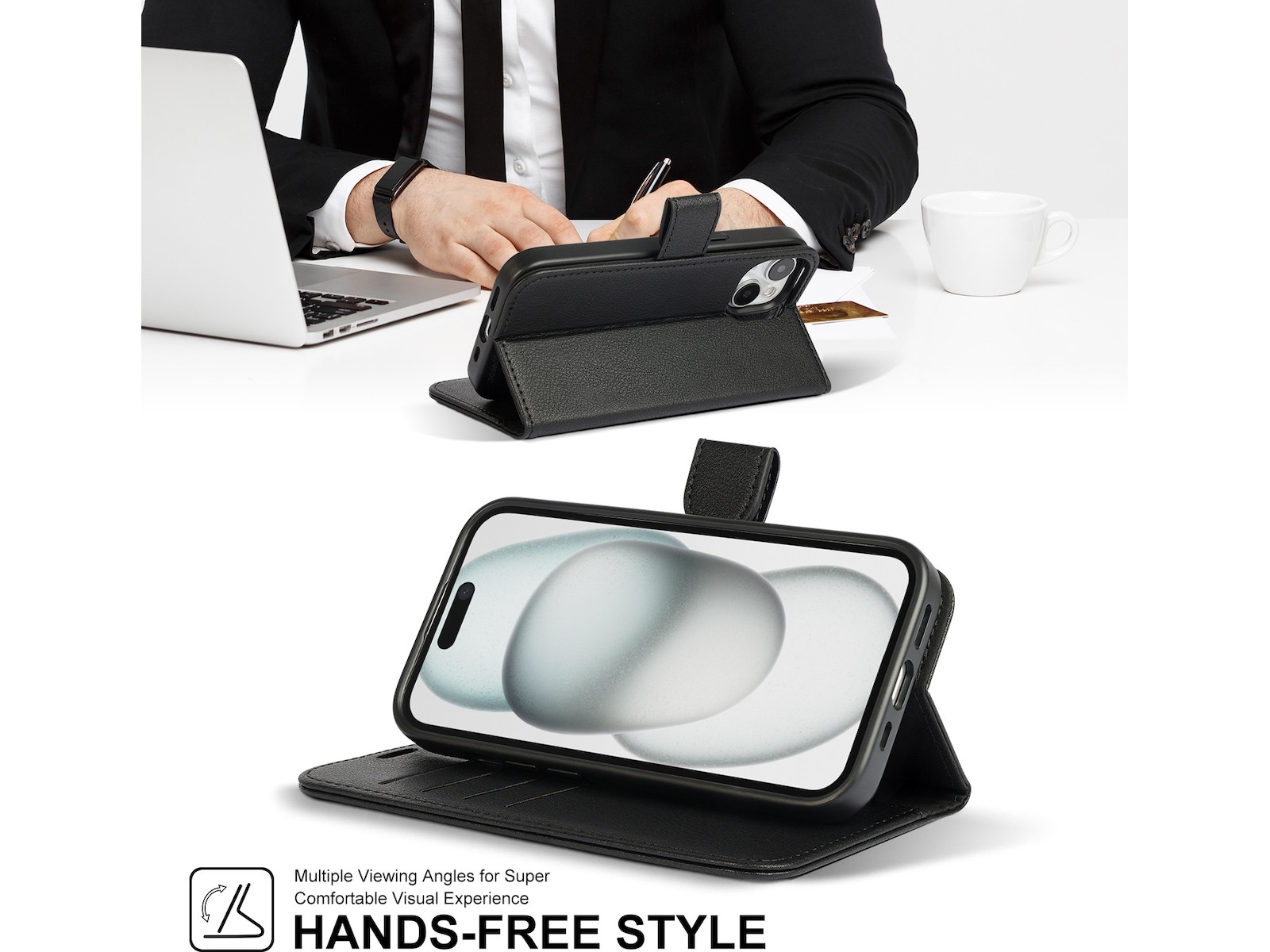 iiglo iPhone 15 2-i-1 Plånboksfodral (svart) Mobilskal